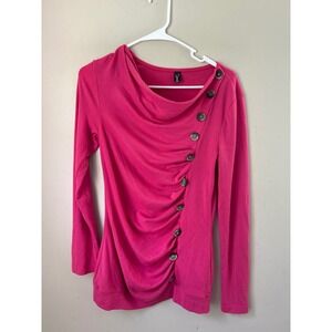 Y2K Allegra K‎ Womens XS Pink Long Sleeve Button Up Cowl Neck Top Blouse Preppy
